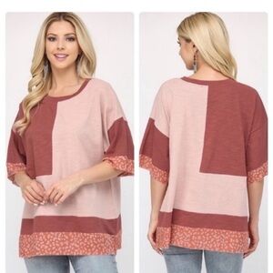 NEW Color Block and Floral Print Mix Round Neck Top